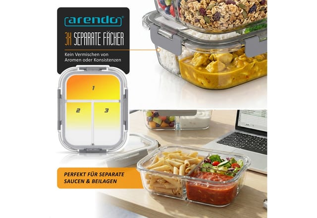Arendo Frischhaltedose 3 Fächer, Deckel, 2er Set Glas Vorratsdosen, Lunchboxen, auslaufsicher, Borosilikatglas, (Set, 2-tlg., 2 x Vorratsdosen), Mikrowellen, Ofen, Gefrier & spülmaschinengeeignet, Bento, Meal Prep