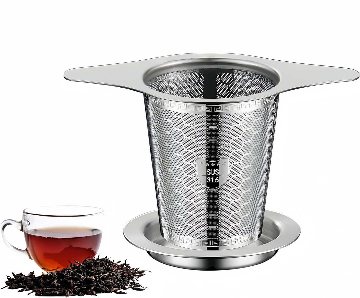 FOUORTUNATE-BEE Teesieb Edelstahl-Teesieb mit Griffen und Abtropfschale, Teesieb aus Edelstahl für Tassen und Teekannen Bild 4