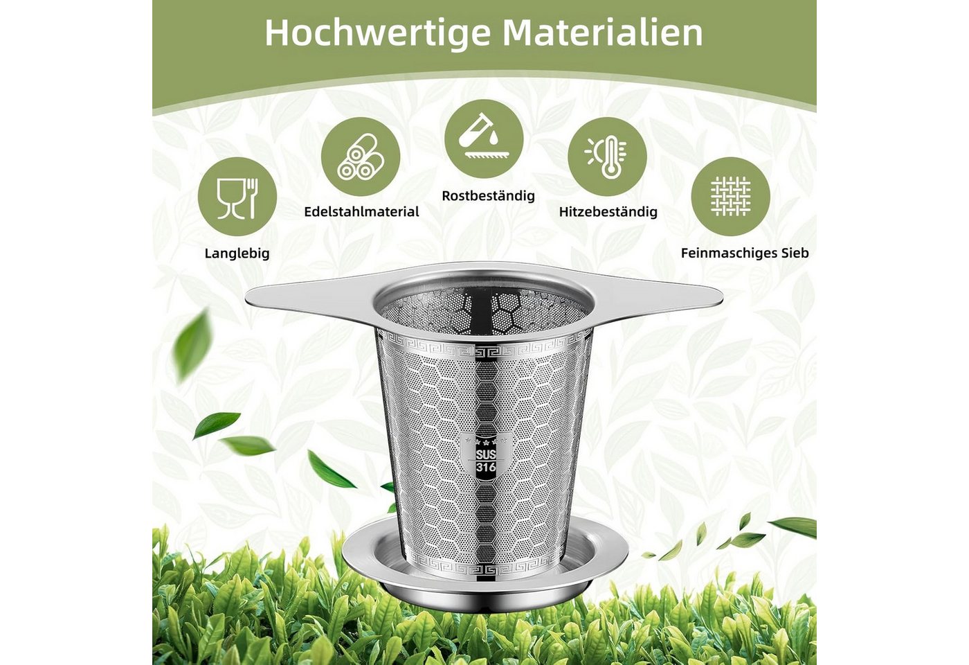 FOUORTUNATE-BEE Teesieb Edelstahl-Teesieb mit Griffen und Abtropfschale, Teesieb aus Edelstahl für Tassen und Teekannen Bild 5