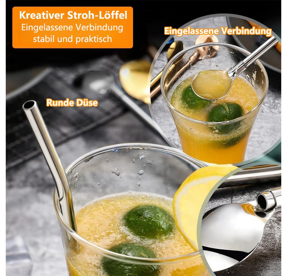 FOUORTUNATE-BEE Trinkhalme 10 Stück Edelstahl Trinkhalme Trinkhalmlöffel Löffelstrohhalme, (Wiederverwendbare Löffelhalme mit 2 Stück Strohhalm Reinigungsbürste, für Smoothies, Milchshakes, Cocktail, Kaffee)