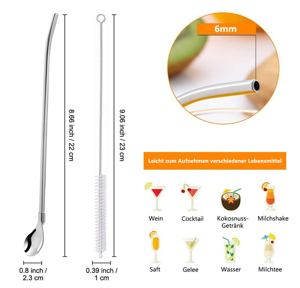 FOUORTUNATE-BEE Trinkhalme 10 Stück Edelstahl Trinkhalme Trinkhalmlöffel Löffelstrohhalme, (Wiederverwendbare Löffelhalme mit 2 Stück Strohhalm Reinigungsbürste, für Smoothies, Milchshakes, Cocktail, Kaffee) Bild 2