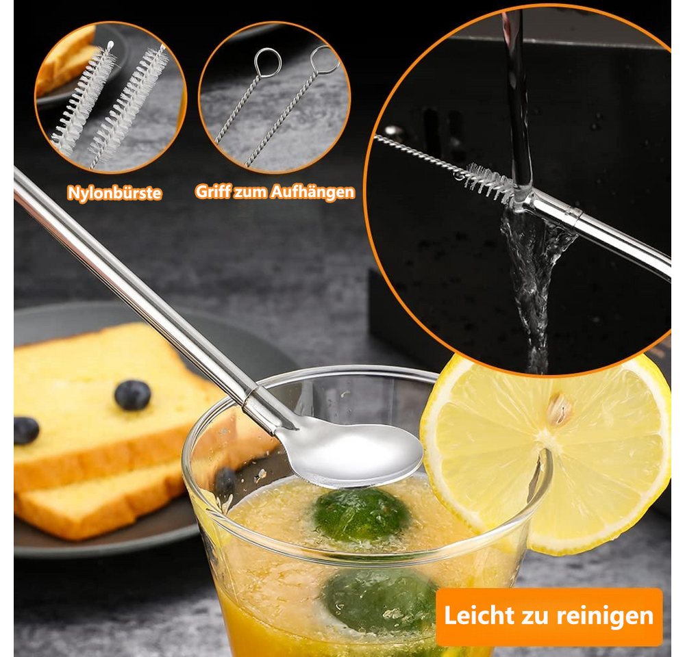 FOUORTUNATE-BEE Trinkhalme 10 Stück Edelstahl Trinkhalme Trinkhalmlöffel Löffelstrohhalme, (Wiederverwendbare Löffelhalme mit 2 Stück Strohhalm Reinigungsbürste, für Smoothies, Milchshakes, Cocktail, Kaffee) Bild 3