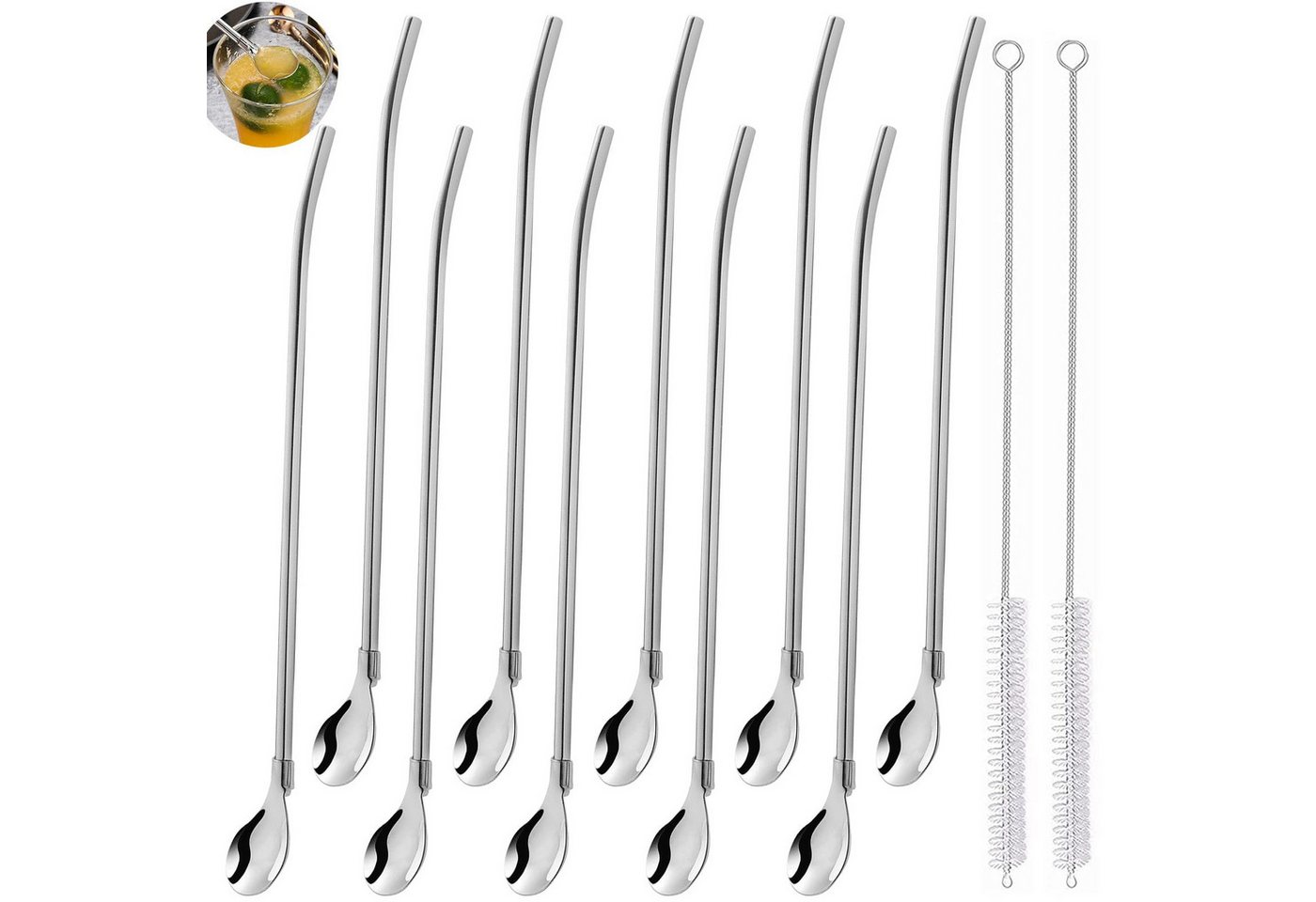 FOUORTUNATE-BEE Trinkhalme 10 Stück Edelstahl Trinkhalme Trinkhalmlöffel Löffelstrohhalme, (Wiederverwendbare Löffelhalme mit 2 Stück Strohhalm Reinigungsbürste, für Smoothies, Milchshakes, Cocktail, Kaffee) Bild 5