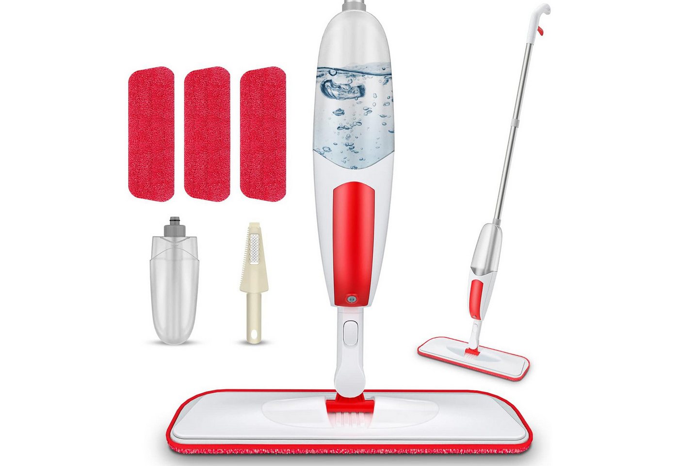 HUGERSTONE Sprühwischer Wischmopp mit 550ml Wassertank, Bodenwischer mit Sprühfunktion, Rot (360 Grad Rotierender Wischmopp für alle Böden) Nass und Trockenwischer mit 3 Waschbaren Mikrofaser Pads