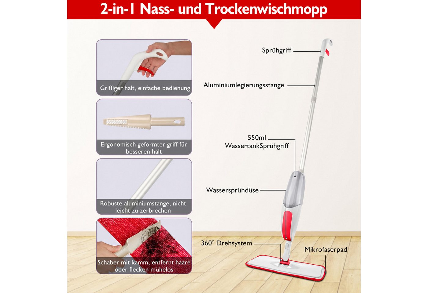 HUGERSTONE Sprühwischer Wischmopp mit 550ml Wassertank, Bodenwischer mit Sprühfunktion, Rot (360 Grad Rotierender Wischmopp für alle Böden) Nass und Trockenwischer mit 3 Waschbaren Mikrofaser Pads Bild 2