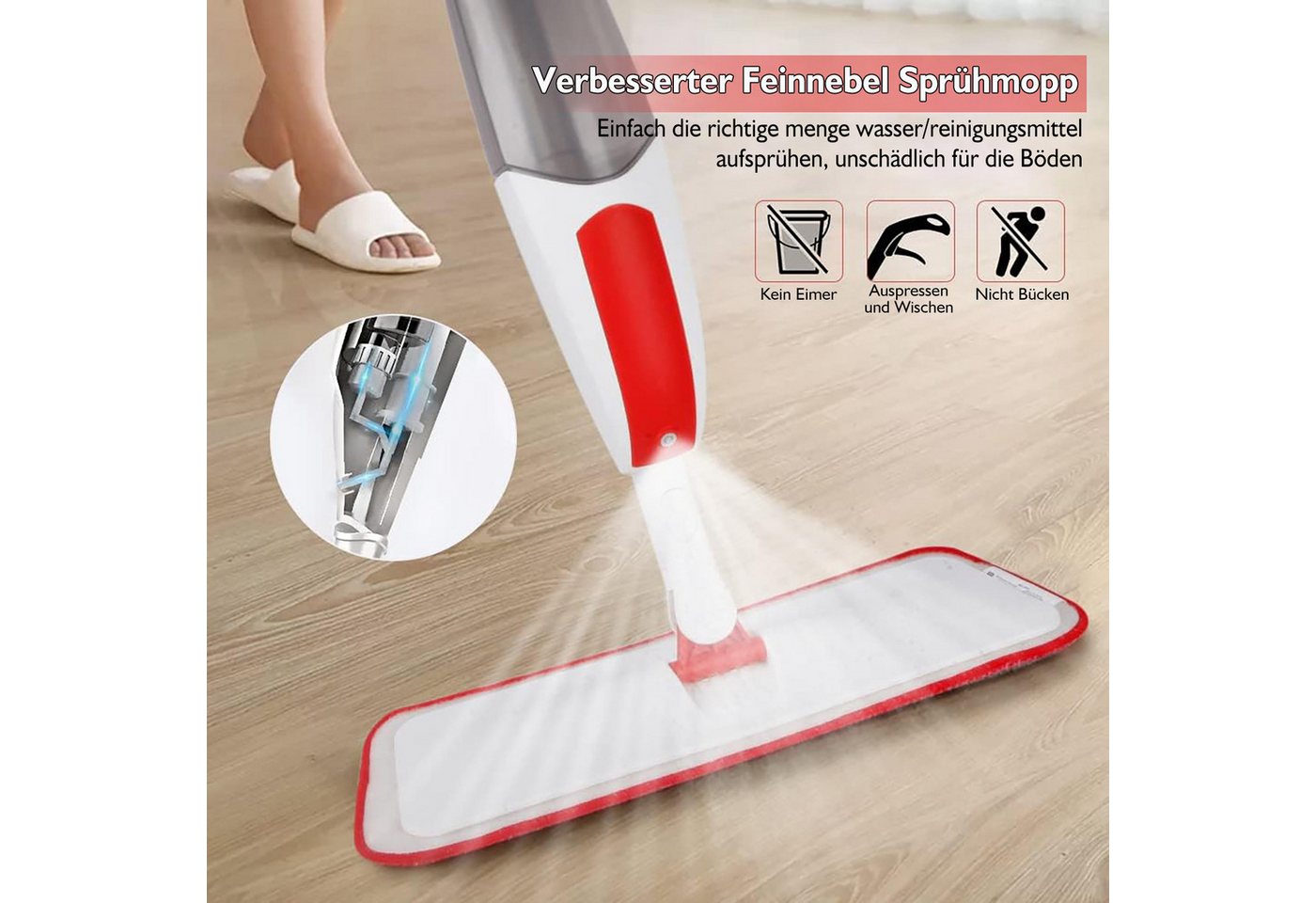 HUGERSTONE Sprühwischer Wischmopp mit 550ml Wassertank, Bodenwischer mit Sprühfunktion, Rot (360 Grad Rotierender Wischmopp für alle Böden) Nass und Trockenwischer mit 3 Waschbaren Mikrofaser Pads Bild 3