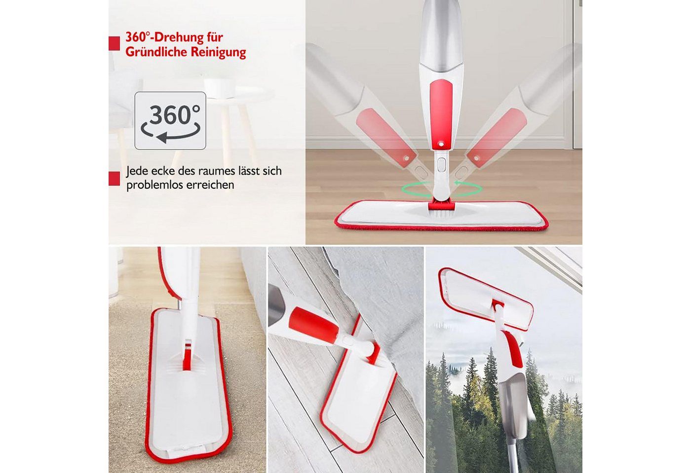 HUGERSTONE Sprühwischer Wischmopp mit 550ml Wassertank, Bodenwischer mit Sprühfunktion, Rot (360 Grad Rotierender Wischmopp für alle Böden) Nass und Trockenwischer mit 3 Waschbaren Mikrofaser Pads Bild 4