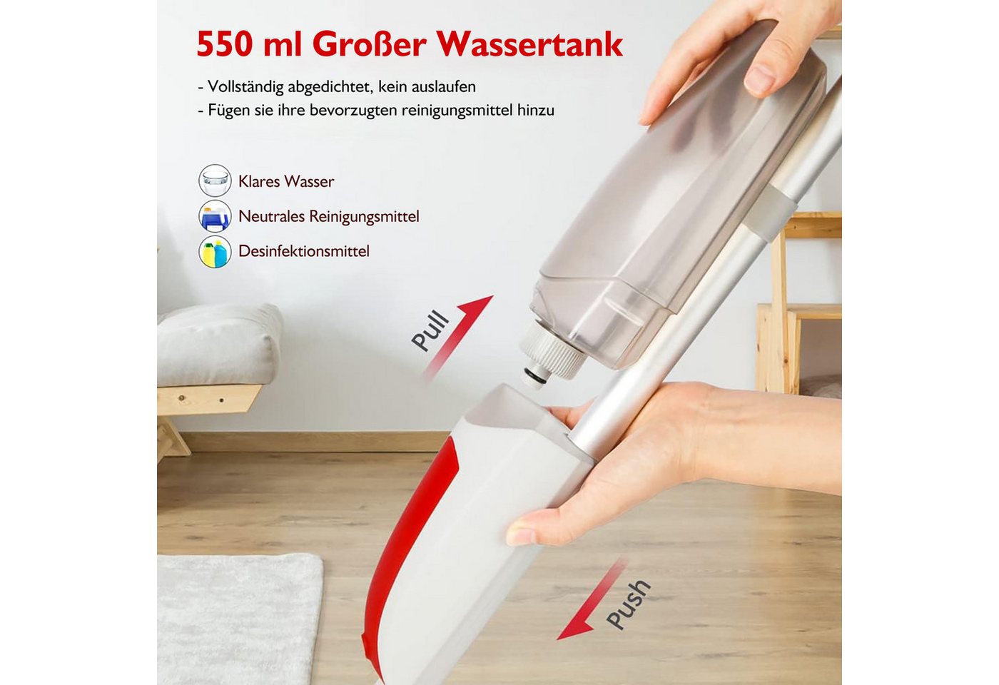 HUGERSTONE Sprühwischer Wischmopp mit 550ml Wassertank, Bodenwischer mit Sprühfunktion, Rot (360 Grad Rotierender Wischmopp für alle Böden) Nass und Trockenwischer mit 3 Waschbaren Mikrofaser Pads Bild 5