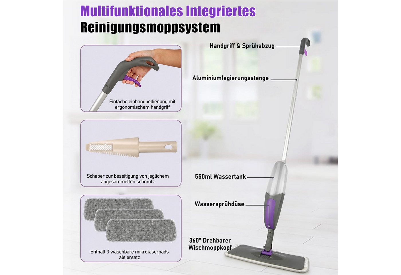 HUGERSTONE Sprühwischer Wischmopp mit 550ml Wassertank, Bodenwischer mit Sprühfunktion, Grau (360 Grad Rotierender Wischmopp für alle Böden) Nass und Trockenwischer mit 3 Waschbaren Mikrofaser Pads
