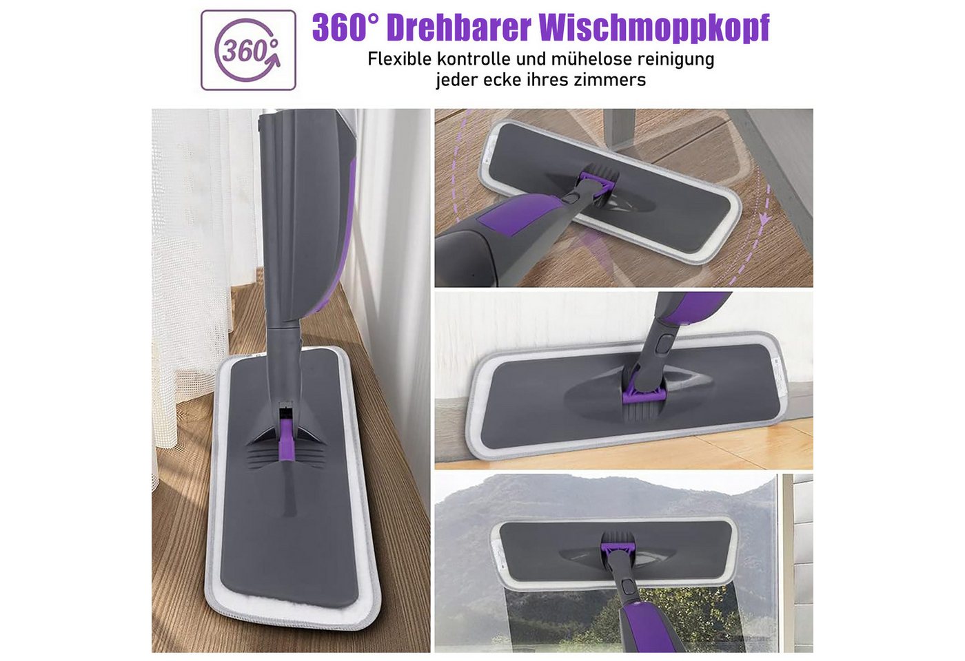 HUGERSTONE Sprühwischer Wischmopp mit 550ml Wassertank, Bodenwischer mit Sprühfunktion, Grau (360 Grad Rotierender Wischmopp für alle Böden) Nass und Trockenwischer mit 3 Waschbaren Mikrofaser Pads Bild 4