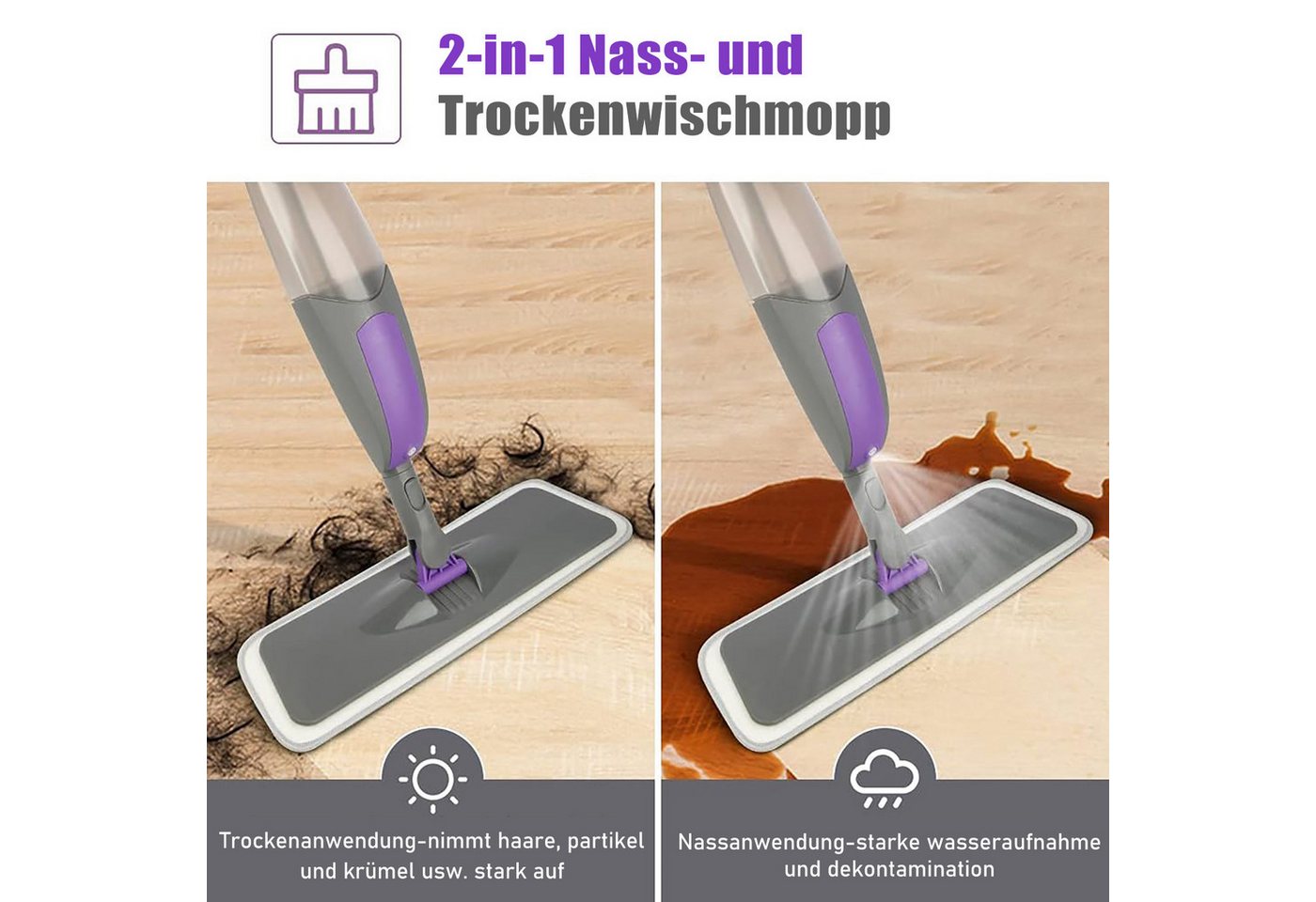 HUGERSTONE Sprühwischer Wischmopp mit 550ml Wassertank, Bodenwischer mit Sprühfunktion, Grau (360 Grad Rotierender Wischmopp für alle Böden) Nass und Trockenwischer mit 3 Waschbaren Mikrofaser Pads Bild 5