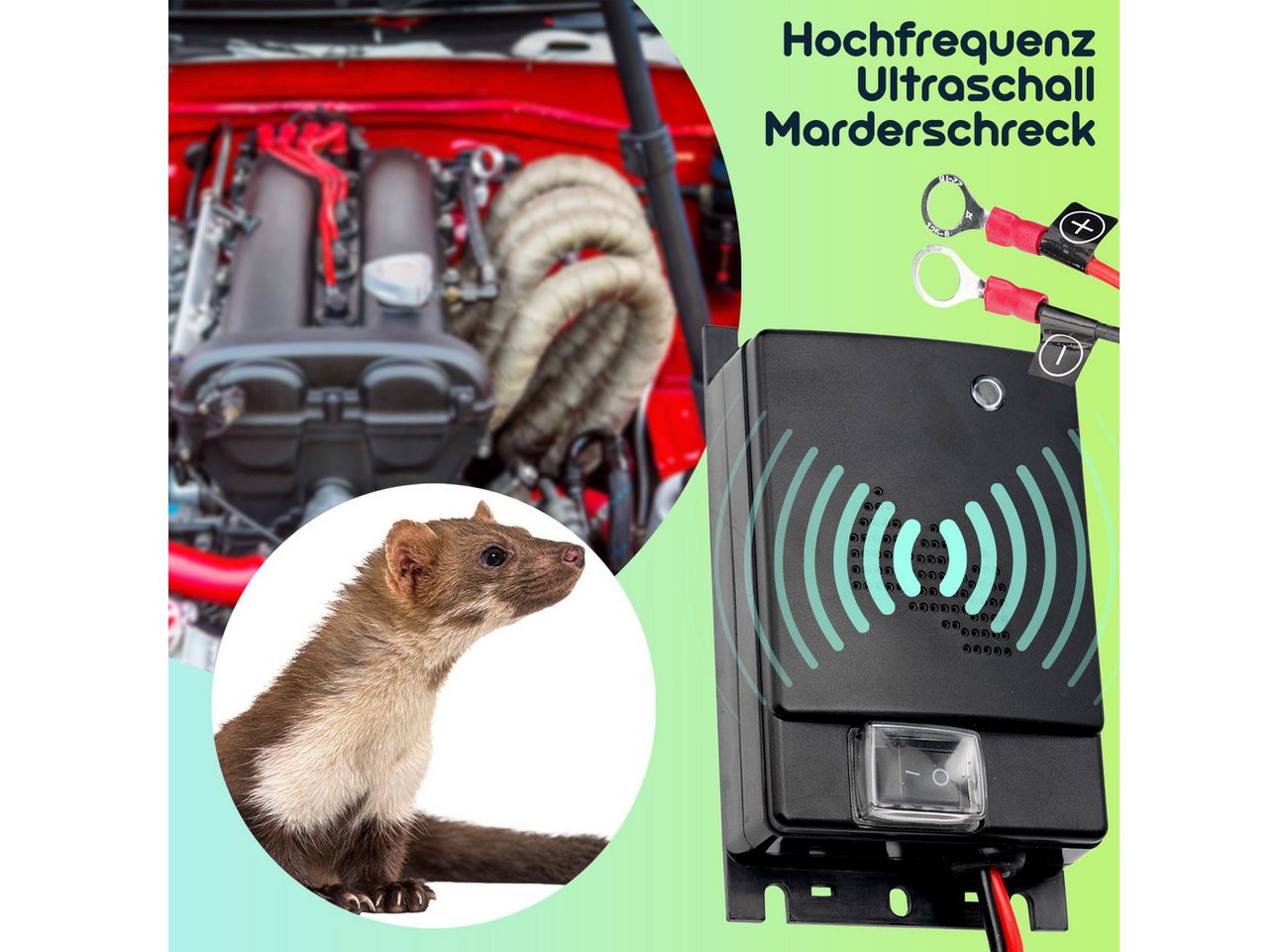 Casativo Ultraschall-Tierabwehr 12V Ultraschall-Marderschreck Auto-Marderabwehr 12-45kHz 70dB, 1-tlg., 1er/2er-Set, 12V Auto-Marderschreck Frequenzwechsel 12-45kHz, IPX4 & Status-LED