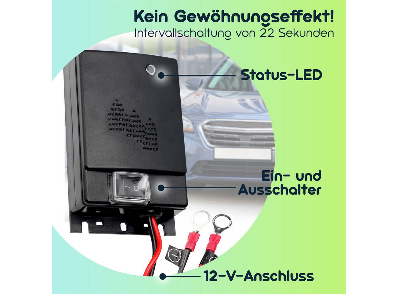 Casativo Ultraschall-Tierabwehr 12V Ultraschall-Marderschreck Auto-Marderabwehr 12-45kHz 70dB, 1-tlg., 1er/2er-Set, 12V Auto-Marderschreck Frequenzwechsel 12-45kHz, IPX4 & Status-LED Bild 2