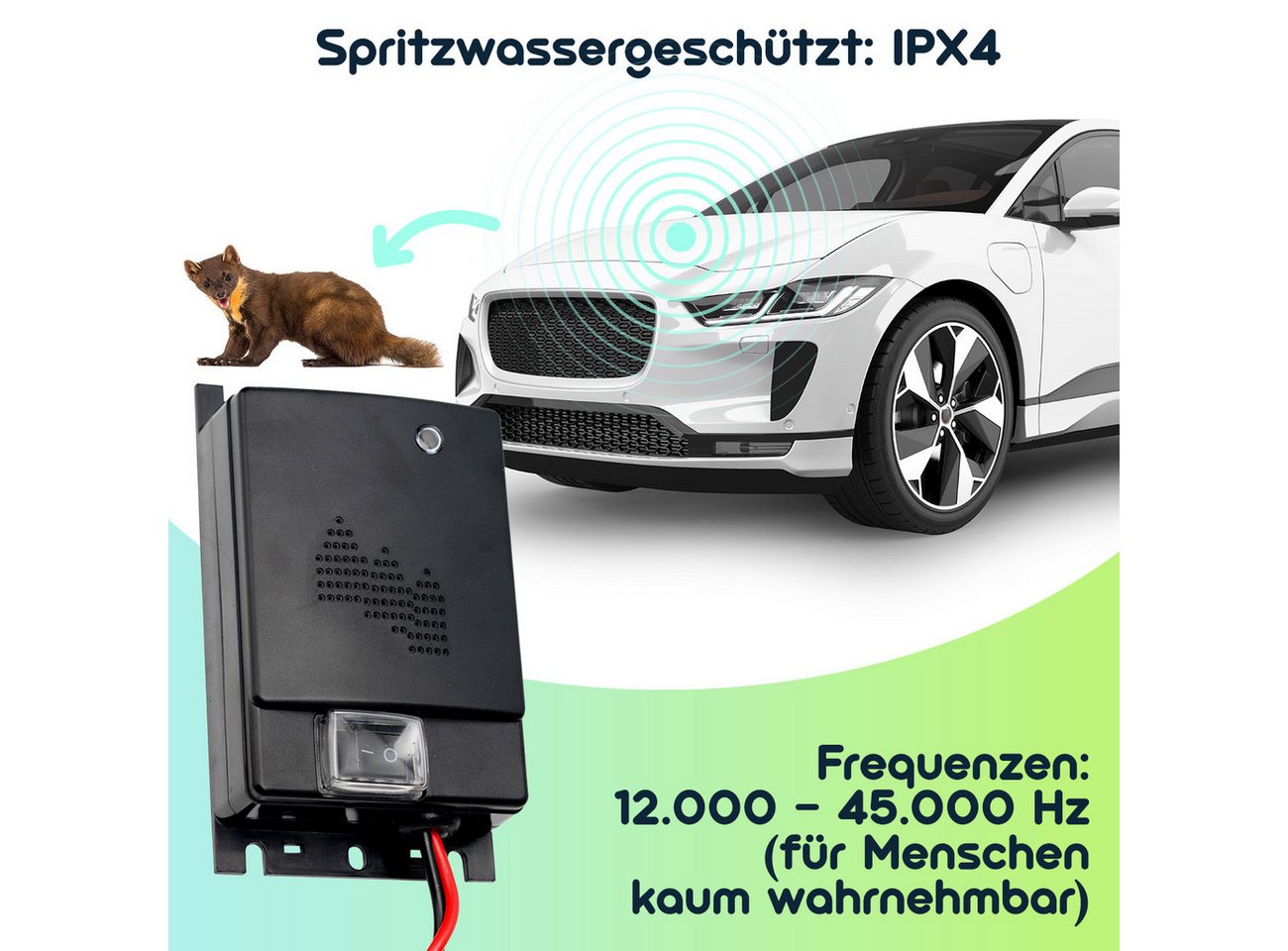 Casativo Ultraschall-Tierabwehr 12V Ultraschall-Marderschreck Auto-Marderabwehr 12-45kHz 70dB, 1-tlg., 1er/2er-Set, 12V Auto-Marderschreck Frequenzwechsel 12-45kHz, IPX4 & Status-LED Bild 5