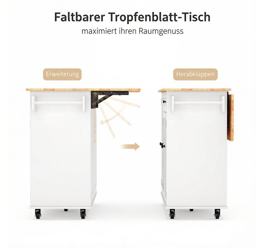 Blishom Küchenwagen Kücheninsel mit Rollen, Klappplatte, 130×75×88 cm, mit Schublade, Gewürzregal und feststellbaren Rollen