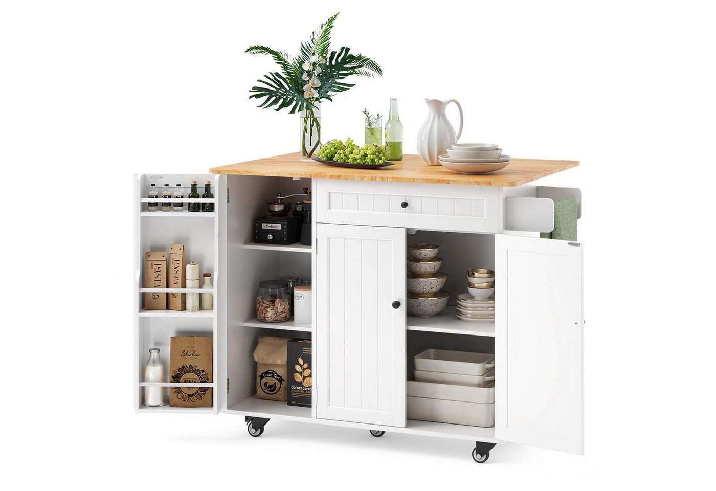 Blishom Küchenwagen Kücheninsel mit Rollen, Klappplatte, 130×75×88 cm, mit Schublade, Gewürzregal und feststellbaren Rollen Bild 3