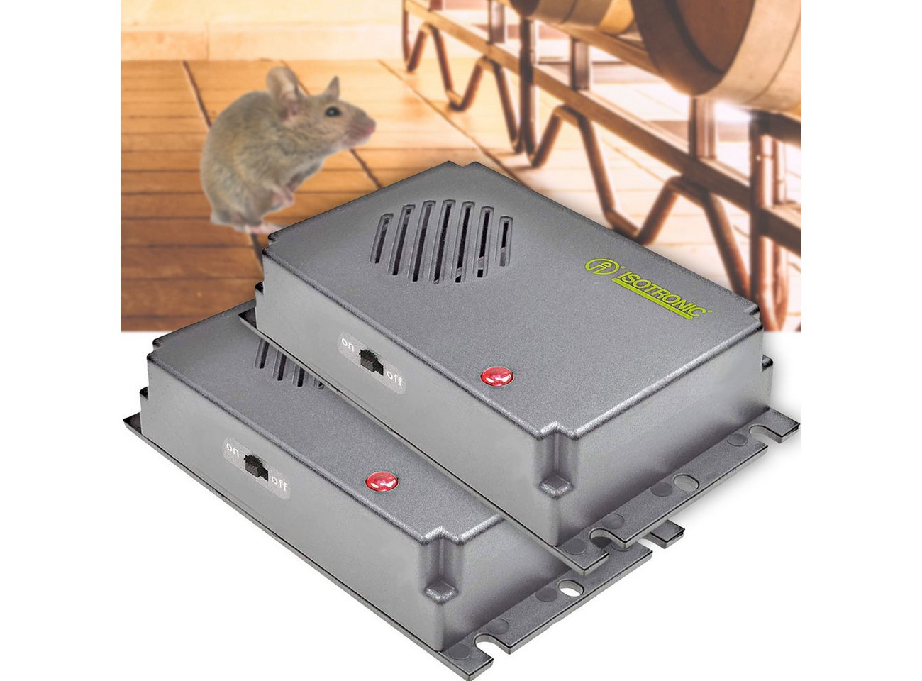 ISOTRONIC Ultraschall-Tierabwehr Mobiler Ultraschall Vertreiber, Mäuse & Ratten Abwehr, Batterie, 40m², 2-tlg., 1er/2er-Set, Batterie-Ultraschall-Abwehr gegen Mäuse & Ratten für bis zu 40m²