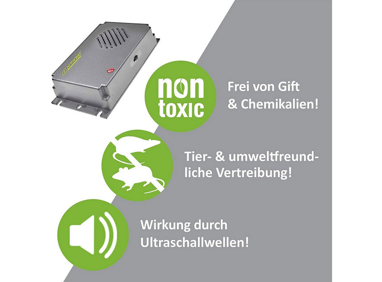 ISOTRONIC Ultraschall-Tierabwehr Mobiler Ultraschall Vertreiber, Mäuse & Ratten Abwehr, Batterie, 40m², 2-tlg., 1er/2er-Set, Batterie-Ultraschall-Abwehr gegen Mäuse & Ratten für bis zu 40m² Bild 3