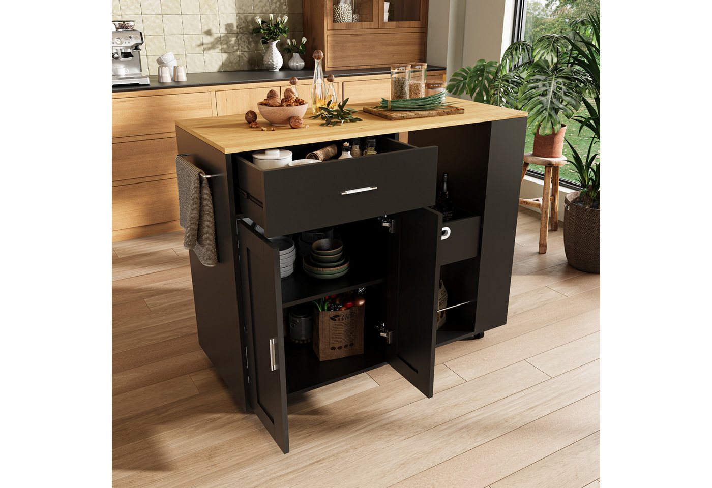 BELUPAI Kücheninsel Küchenschrank aus Holz mobile Küchenwagen mit Schubladen, mit Rollen und 3 Gewürzregal,Küchentisch mit Handtuchhalter,Schwarz Bild 2