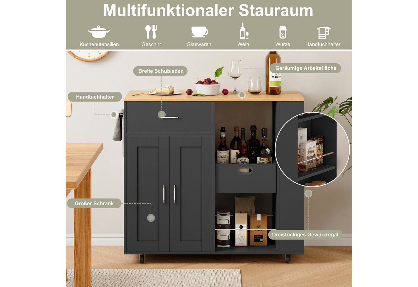 BELUPAI Kücheninsel Küchenschrank aus Holz mobile Küchenwagen mit Schubladen, mit Rollen und 3 Gewürzregal,Küchentisch mit Handtuchhalter,Schwarz Bild 3