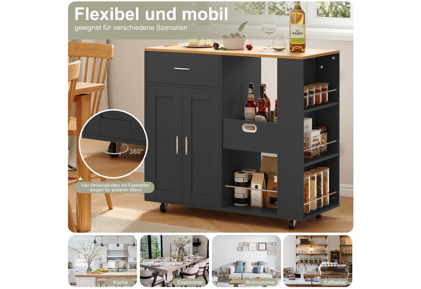 BELUPAI Kücheninsel Küchenschrank aus Holz mobile Küchenwagen mit Schubladen, mit Rollen und 3 Gewürzregal,Küchentisch mit Handtuchhalter,Schwarz Bild 4