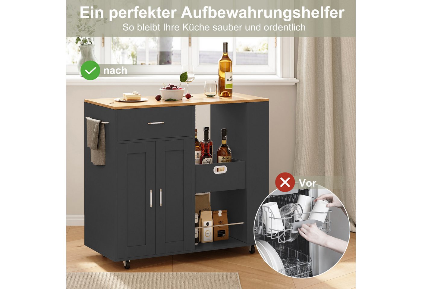 BELUPAI Kücheninsel Küchenschrank aus Holz mobile Küchenwagen mit Schubladen, mit Rollen und 3 Gewürzregal,Küchentisch mit Handtuchhalter,Schwarz Bild 5