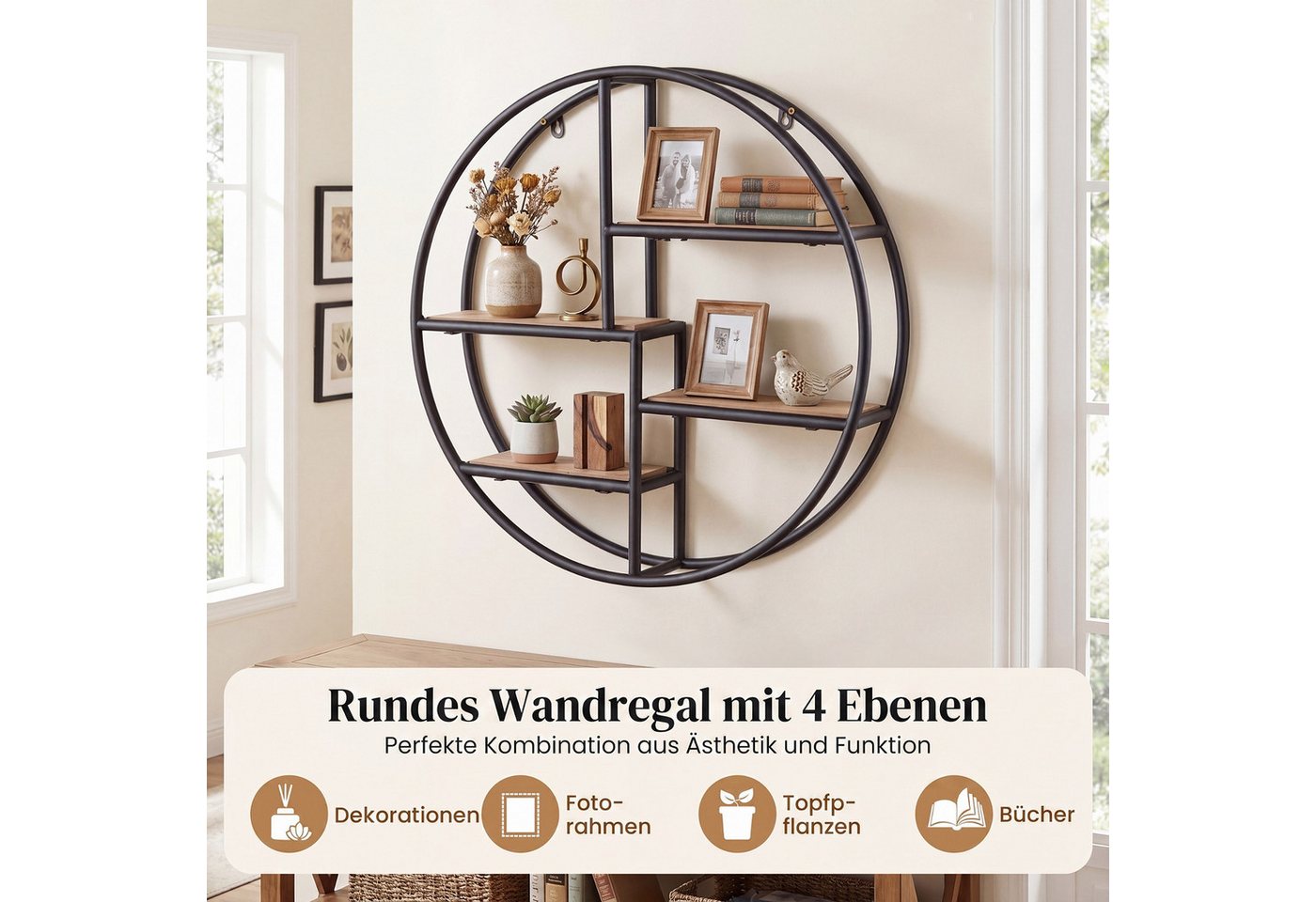 COSTWAY Wandregal, Küche rund, Schweberegal mit 4 Ablagen & Metallrahmen Bild 4