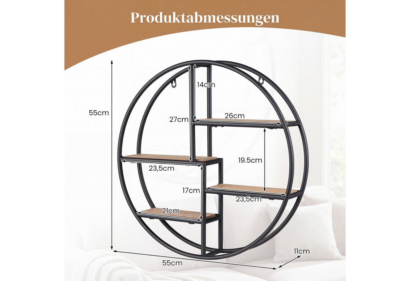 COSTWAY Wandregal, Küche rund, Schweberegal mit 4 Ablagen & Metallrahmen Bild 5