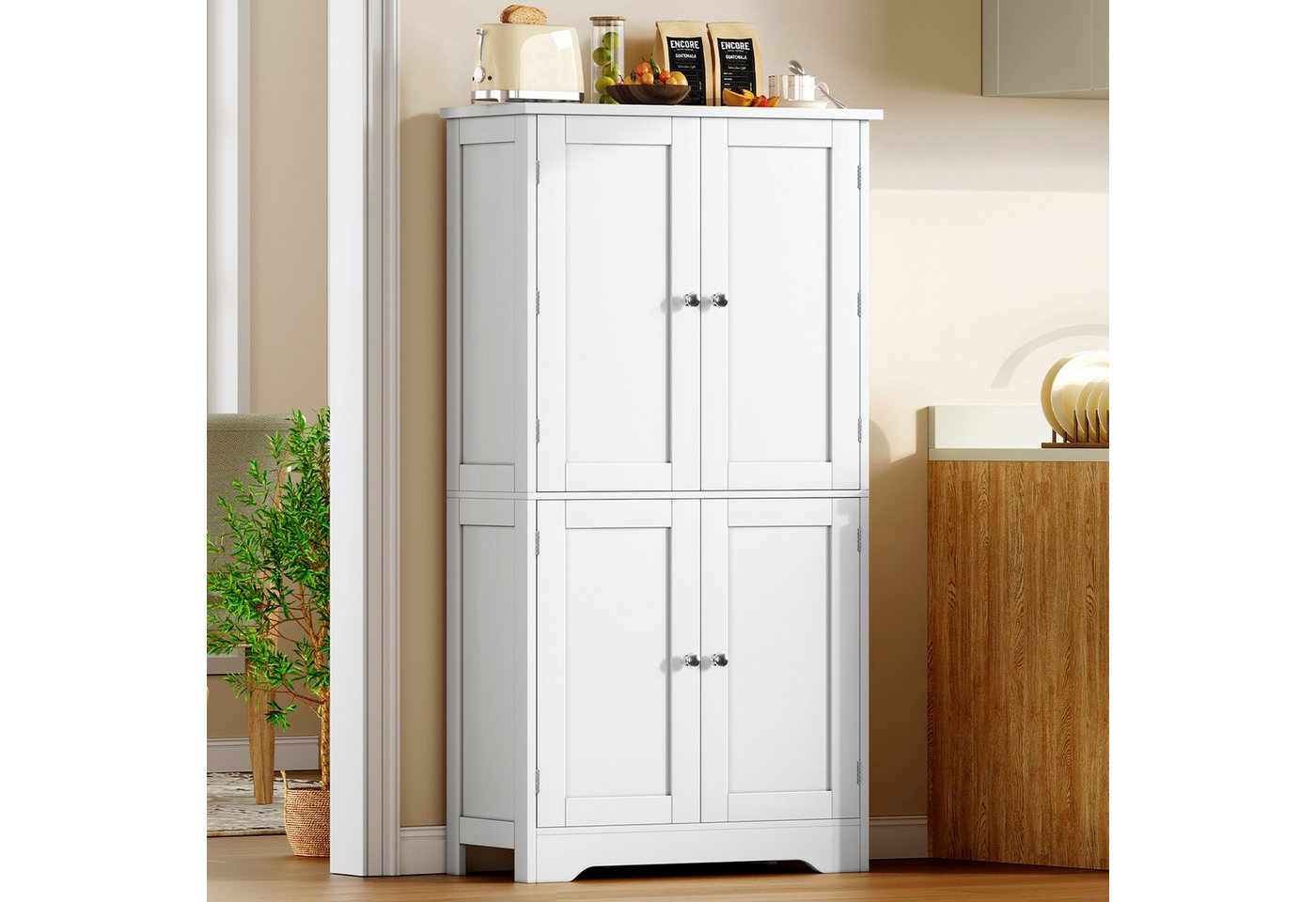 TEENFON Hochschrank Küchenschränke, viertüriger Multifunktionsschrank, weiß (1-St) Bild 2