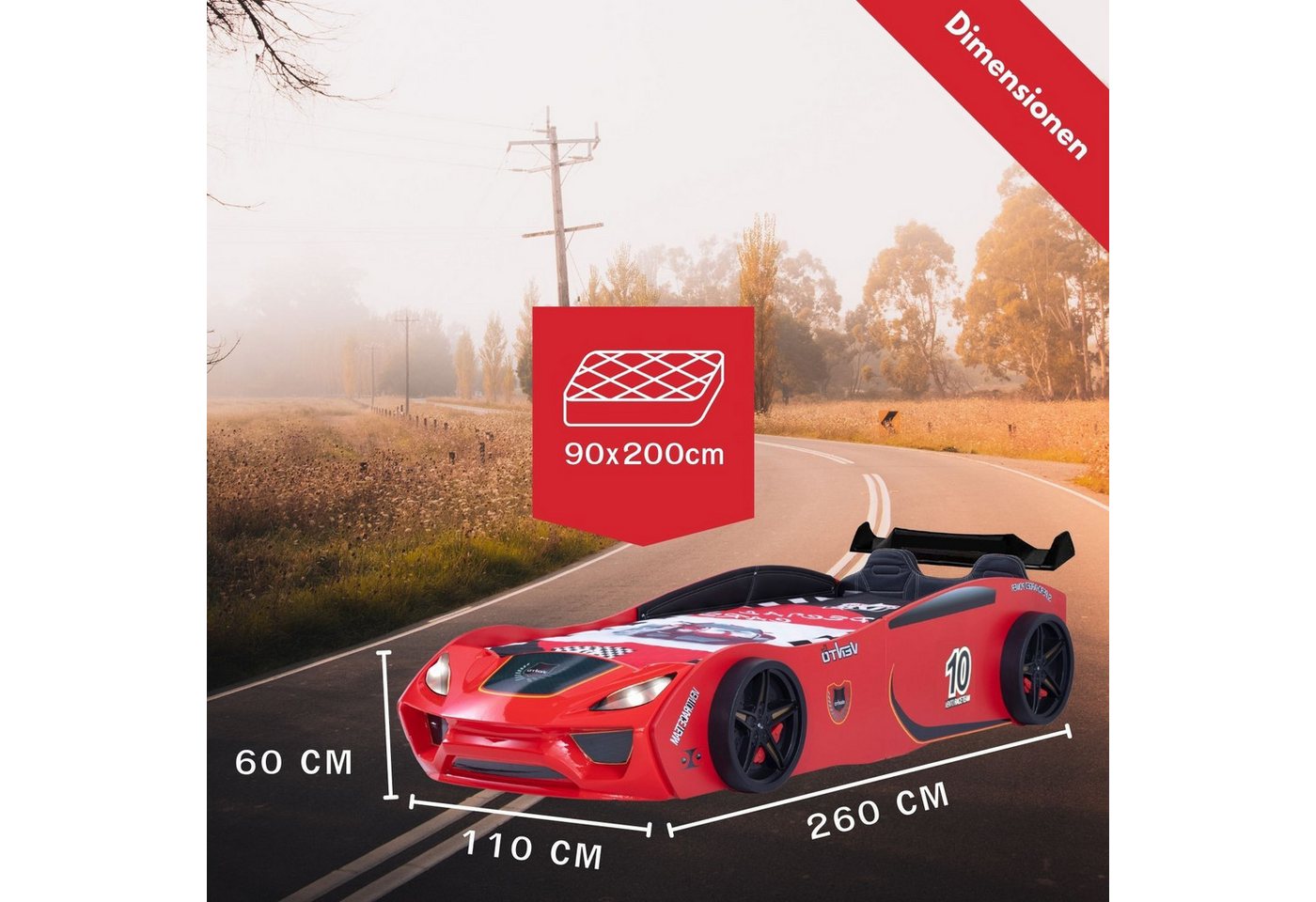 Coemo Autobett DREAM RACER (Spielbett mit Spoiler), Rot Kinderbett 90x200 Sportsitz Rückenpolster, Lattenrost LED-Licht