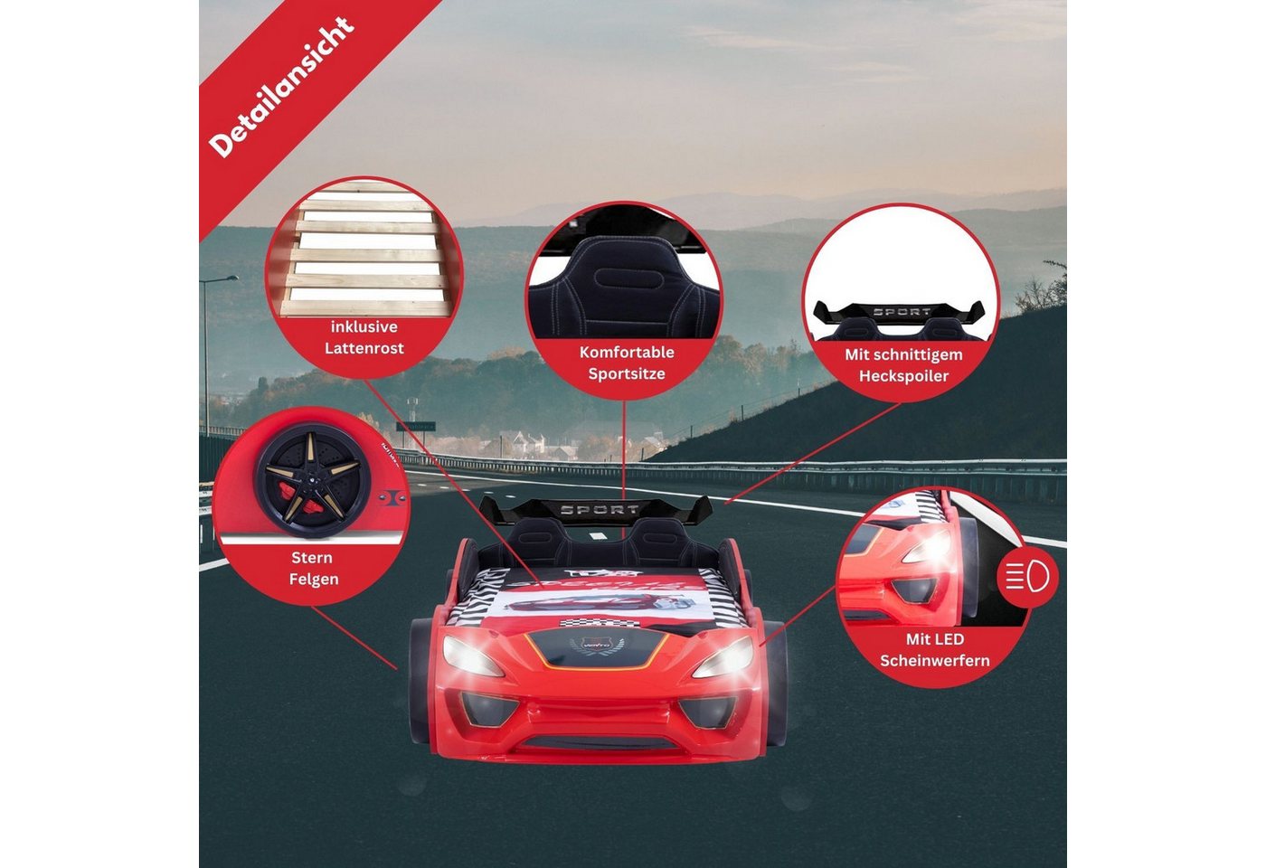 Coemo Autobett DREAM RACER (Spielbett mit Spoiler), Rot Kinderbett 90x200 Sportsitz Rückenpolster, Lattenrost LED-Licht Bild 2
