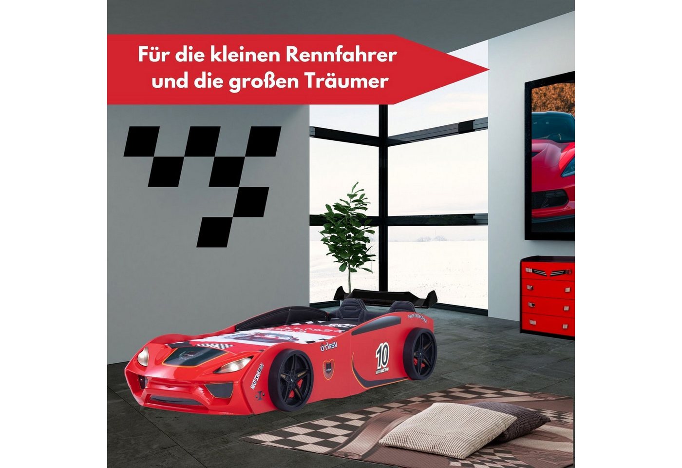 Coemo Autobett DREAM RACER (Spielbett mit Spoiler), Rot Kinderbett 90x200 Sportsitz Rückenpolster, Lattenrost LED-Licht Bild 3