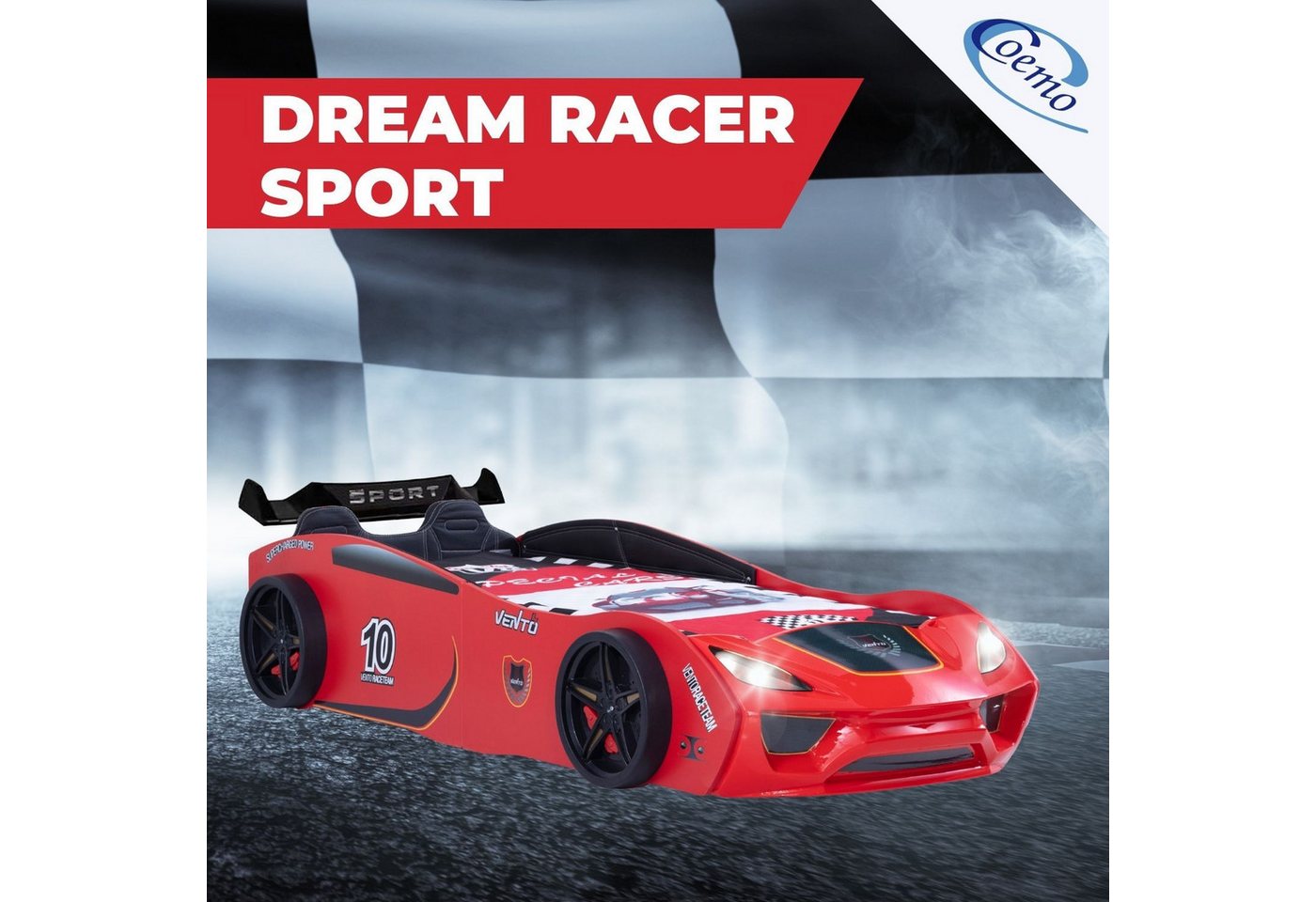 Coemo Autobett DREAM RACER (Spielbett mit Spoiler), Rot Kinderbett 90x200 Sportsitz Rückenpolster, Lattenrost LED-Licht Bild 4