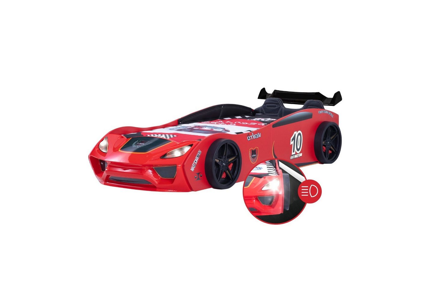 Coemo Autobett DREAM RACER (Spielbett mit Spoiler), Rot Kinderbett 90x200 Sportsitz Rückenpolster, Lattenrost LED-Licht Bild 5