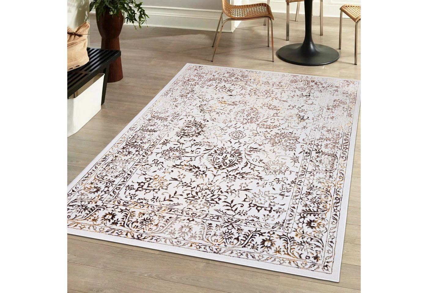 Mazovia Designteppich Vintage Teppich für Wohnzimmer - Glänzende - Creme Beige mit Gold, 80 x 150 cm, Glänzende Vintage, Höhe 10 mm, Kurzflor - niedrige Florhöhe, Weich