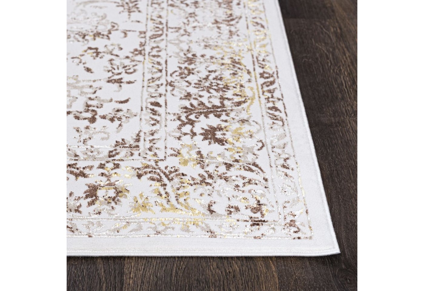 Mazovia Designteppich Vintage Teppich für Wohnzimmer - Glänzende - Creme Beige mit Gold, 80 x 150 cm, Glänzende Vintage, Höhe 10 mm, Kurzflor - niedrige Florhöhe, Weich Bild 2