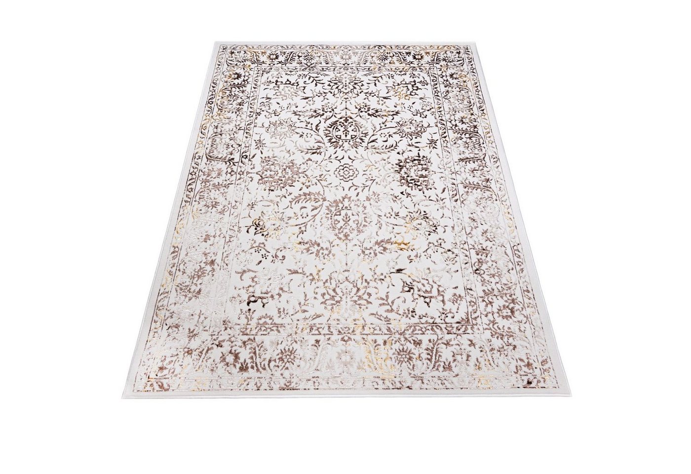 Mazovia Designteppich Vintage Teppich für Wohnzimmer - Glänzende - Creme Beige mit Gold, 80 x 150 cm, Glänzende Vintage, Höhe 10 mm, Kurzflor - niedrige Florhöhe, Weich Bild 4