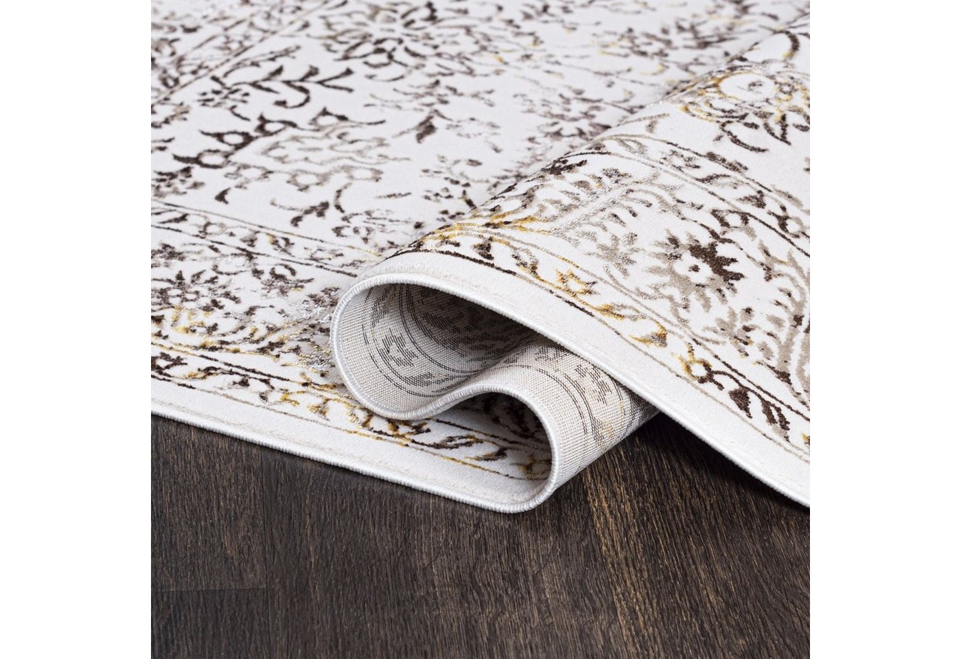 Mazovia Designteppich Vintage Teppich für Wohnzimmer - Glänzende - Creme Beige mit Gold, 80 x 150 cm, Glänzende Vintage, Höhe 10 mm, Kurzflor - niedrige Florhöhe, Weich Bild 5