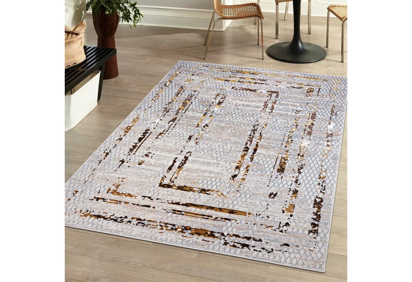 Mazovia Designteppich Modern Teppich für Wohnzimmer - Glänzende Beige Creme mit Gold, 80 x 150 cm