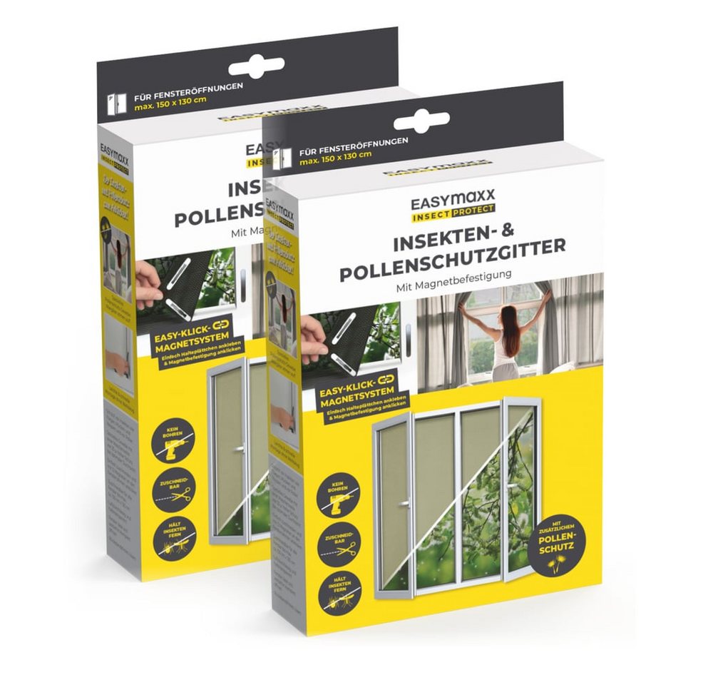 EASYmaxx Insektenschutz-Fensterrahmen Insect Protect Insekten- & Pollenschutzgitter 150 x 130 cm, (2-St), Moskitonetz zuschneidbar, Einfache Montage mit 12 Magneten