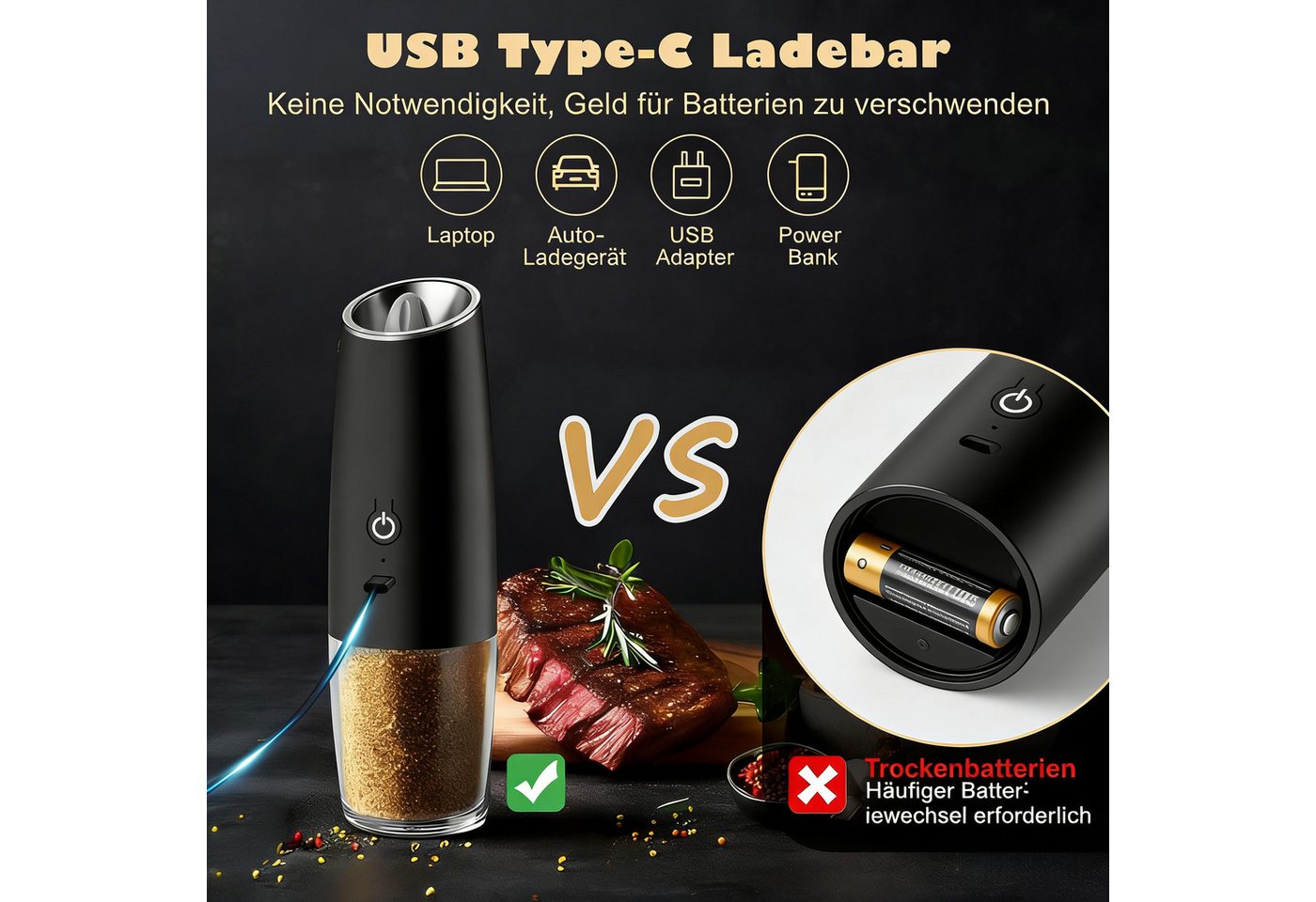 AIBISTAR Salz-/Pfeffermühle Elektrische Salz und Pfeffermühle 2er Set, USB Gewürzmühle Einstellbar Batterie, Einhandbedienung durch Schwerkraft, hochwertiger Keramikkern Bild 2