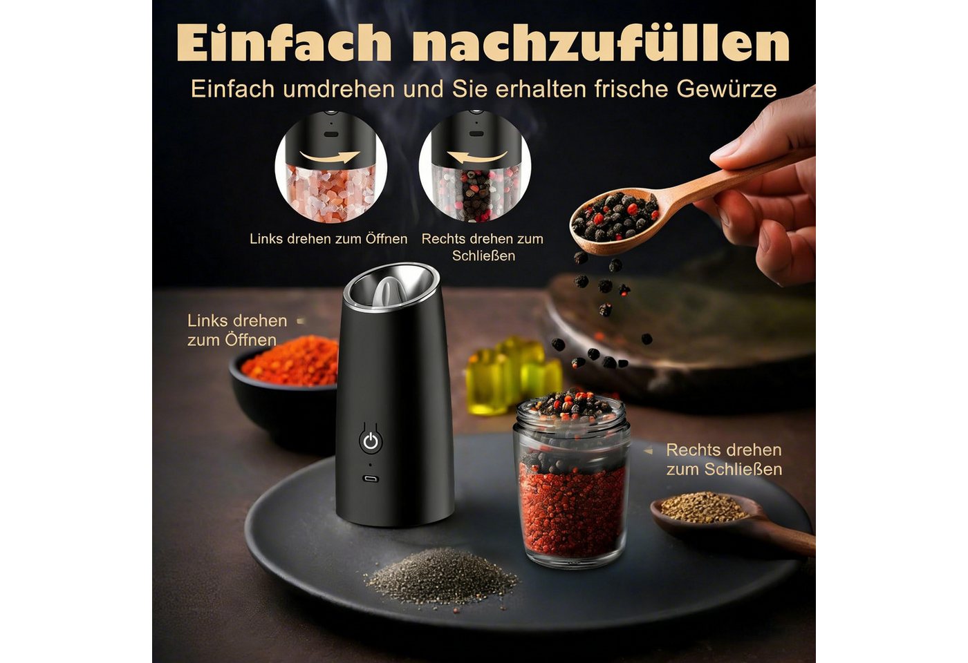 AIBISTAR Salz-/Pfeffermühle Elektrische Salz und Pfeffermühle 2er Set, USB Gewürzmühle Einstellbar Batterie, Einhandbedienung durch Schwerkraft, hochwertiger Keramikkern Bild 3
