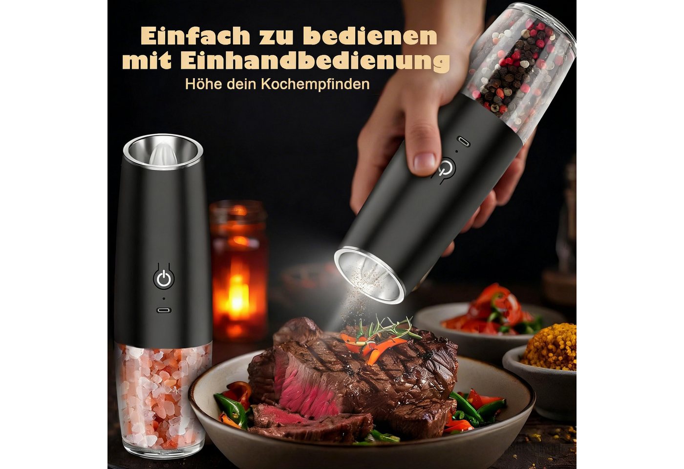 AIBISTAR Salz-/Pfeffermühle Elektrische Salz und Pfeffermühle 2er Set, USB Gewürzmühle Einstellbar Batterie, Einhandbedienung durch Schwerkraft, hochwertiger Keramikkern Bild 4