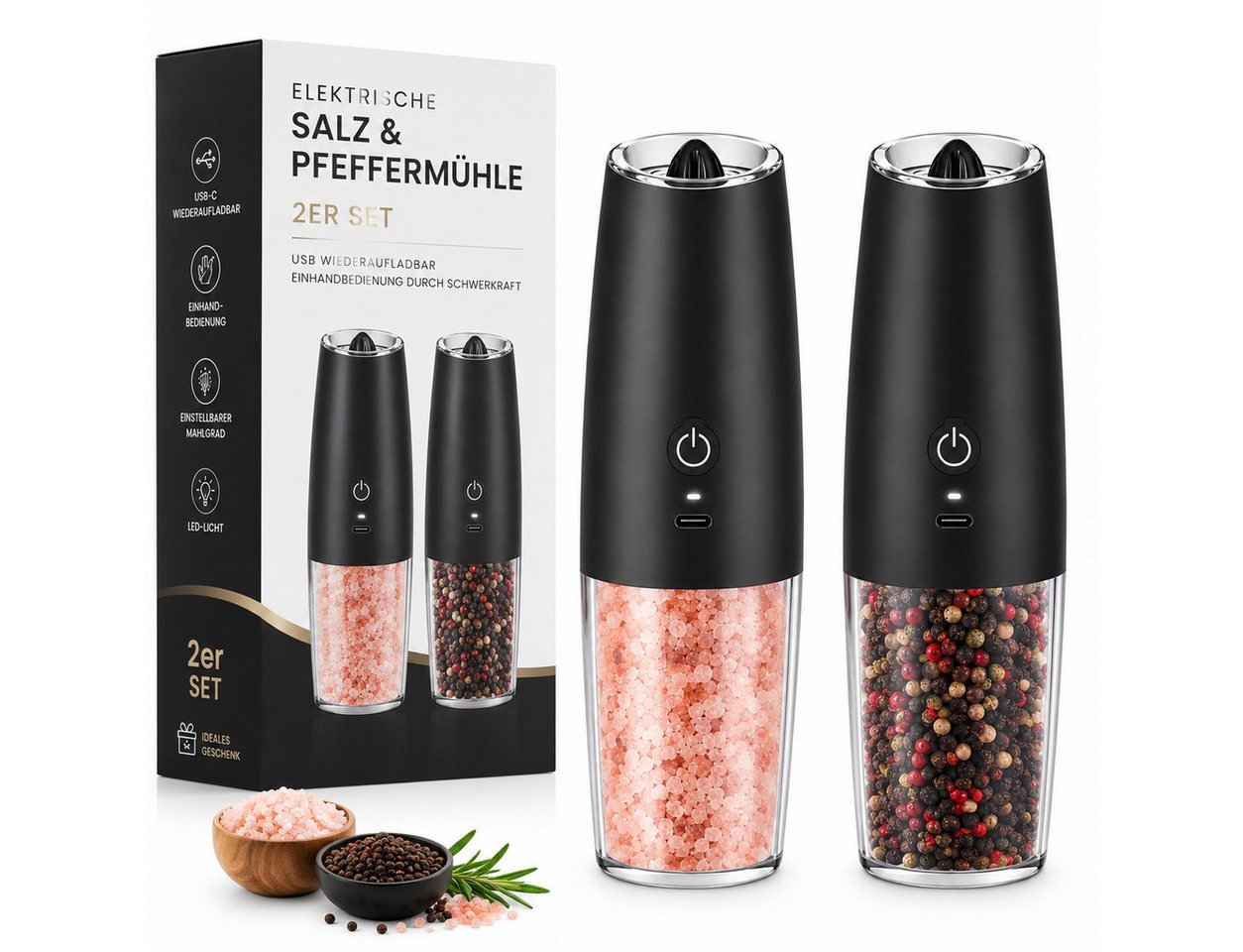 AIBISTAR Salz-/Pfeffermühle Elektrische Salz und Pfeffermühle 2er Set, USB Gewürzmühle Einstellbar Batterie, Einhandbedienung durch Schwerkraft, hochwertiger Keramikkern Bild 5
