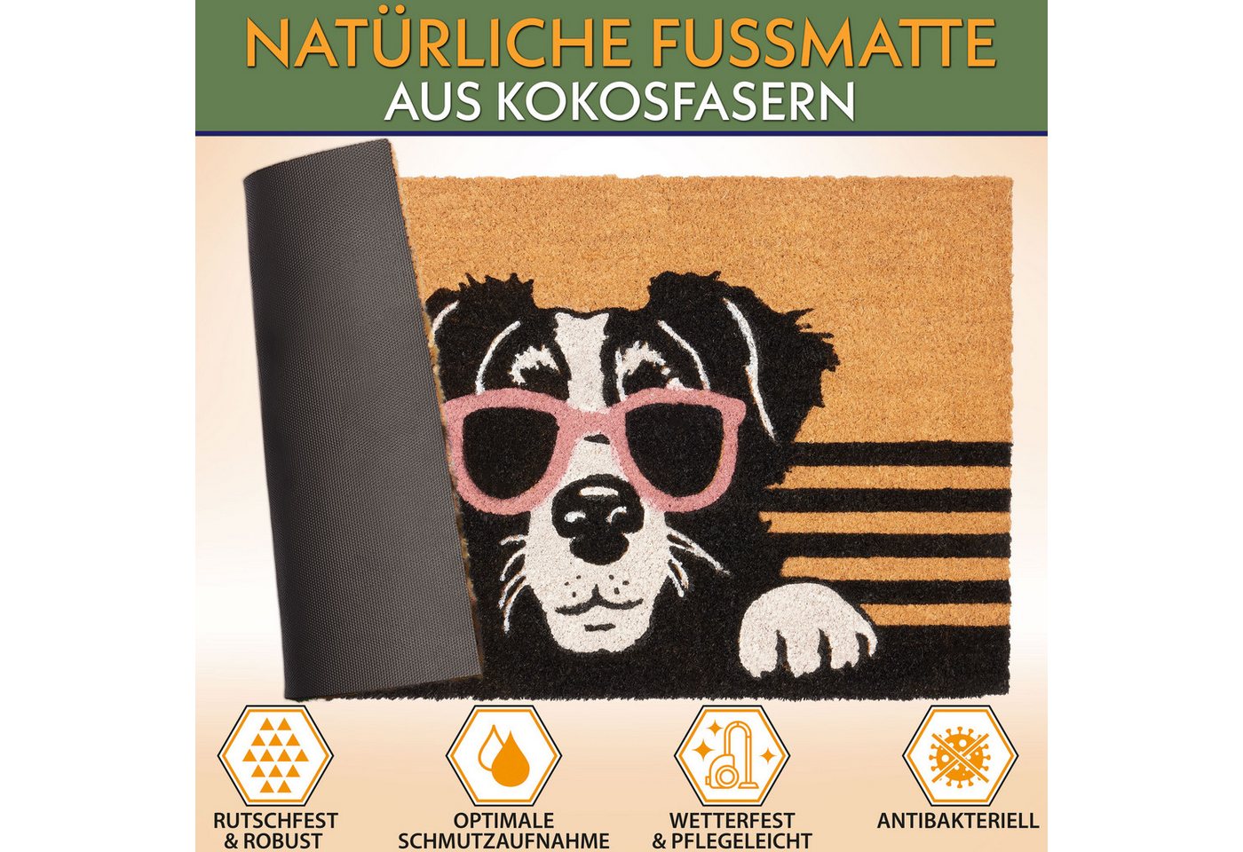 BRUBAKER Fußmatte Hund mit Sonnenbrille - 45 x 75 cm Schmutzfangmatte - Braun, Rechteckig, Höhe: 16 mm, Fußmatte für Außen und Innen aus Kokos - Wetterfest und Rutschfest Bild 4