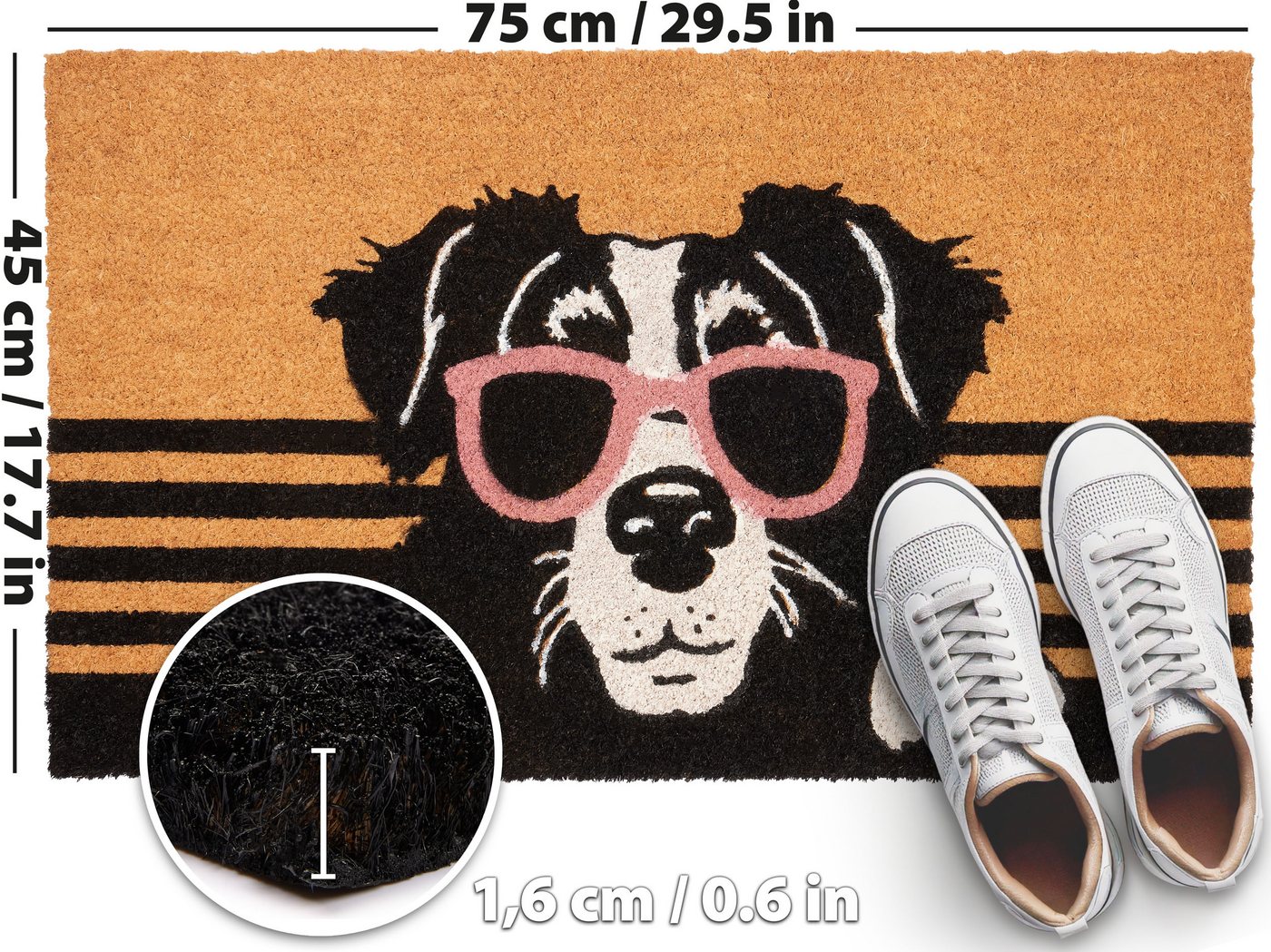 BRUBAKER Fußmatte Hund mit Sonnenbrille - 45 x 75 cm Schmutzfangmatte - Braun, Rechteckig, Höhe: 16 mm, Fußmatte für Außen und Innen aus Kokos - Wetterfest und Rutschfest Bild 5