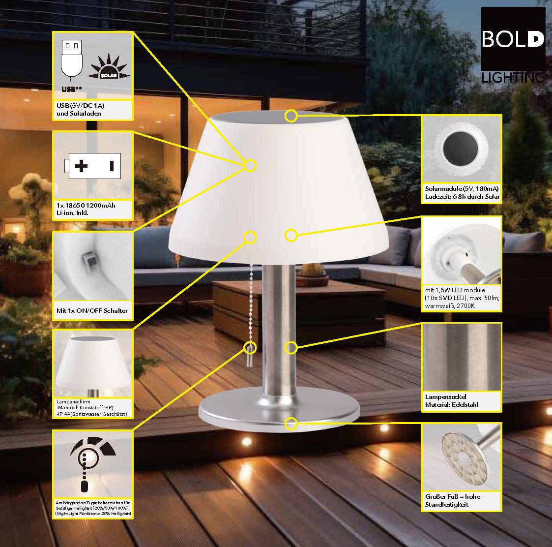 Die Bold GmbH LED Außen-Tischleuchte Sven, LED fest integriert, Warmweiß, Spritzwassergeschützt, Dimmbar, Nachtlicht, ca. 6h Akku, Warmweiß Bild 4