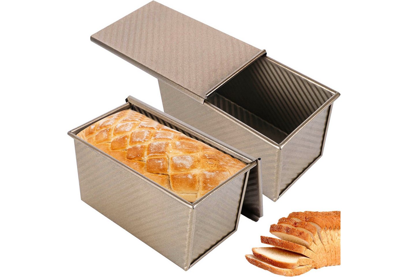 HEYHIPPO Brotbackform 2er-Set Toastbrotformen mit Deckel, Karbonstahl, Gold, antihaft, Toastbrot Kastenform mit Deckel, antihaft, langlebig, ideal für Kuchen