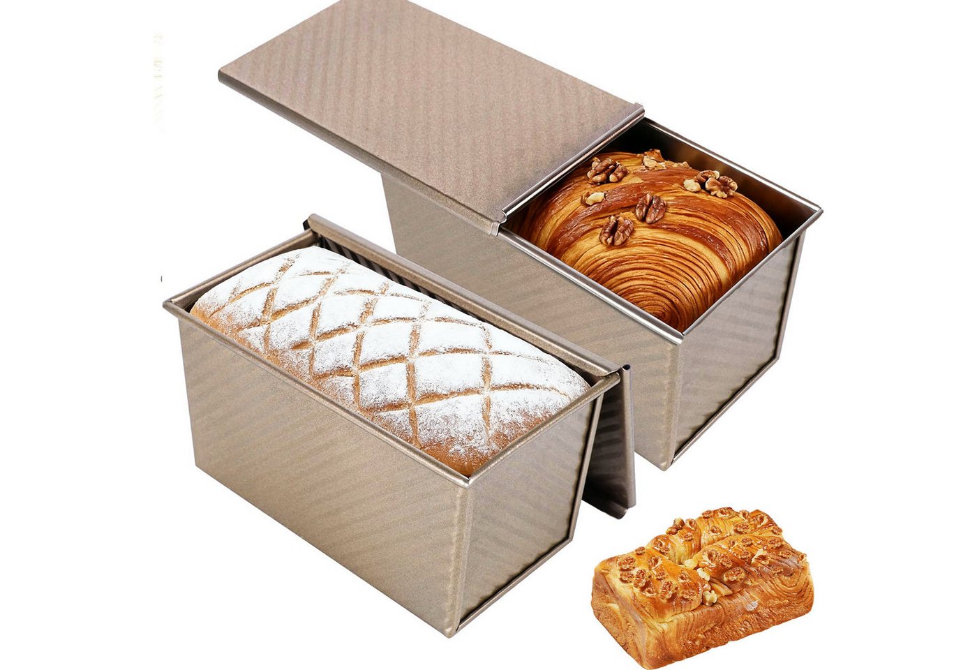 HEYHIPPO Brotbackform 2er-Set Toastbrotformen mit Deckel, Karbonstahl, Gold, antihaft, Toastbrot Kastenform mit Deckel, antihaft, langlebig, ideal für Kuchen Bild 4
