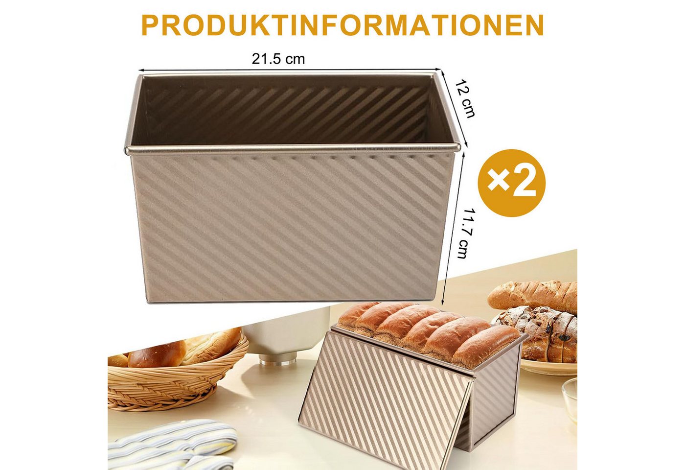 HEYHIPPO Brotbackform 2er-Set Toastbrotformen mit Deckel, Karbonstahl, Gold, antihaft, Toastbrot Kastenform mit Deckel, antihaft, langlebig, ideal für Kuchen Bild 5